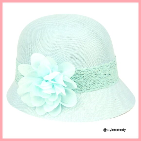 Linen Cloche Hat with Lace Band and Flower